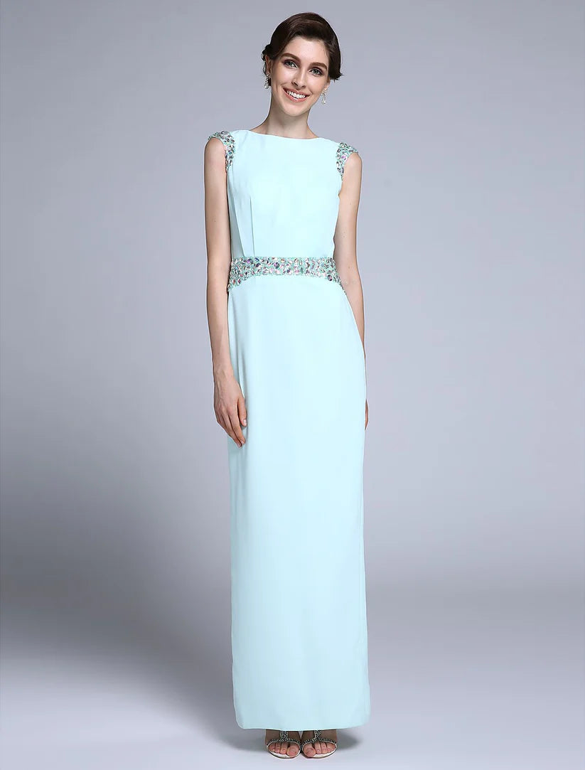 Elegant sheath Mother of the Bride dress in blue-grey chiffon with bateau neck and crystal details.