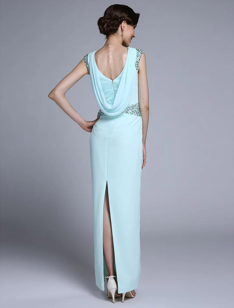 Elegant sheath Mother of the Bride dress in blue-grey chiffon with bateau neck and crystal details.