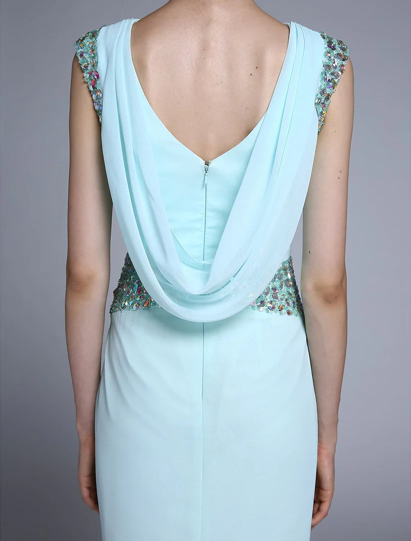 Elegant sheath Mother of the Bride dress in blue-grey chiffon with bateau neck and crystal details.