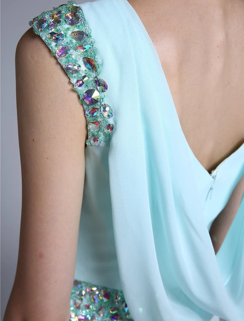 Elegant sheath Mother of the Bride dress in blue-grey chiffon with bateau neck and crystal details.