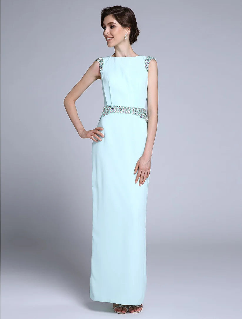Elegant sheath Mother of the Bride dress in blue-grey chiffon with bateau neck and crystal details.