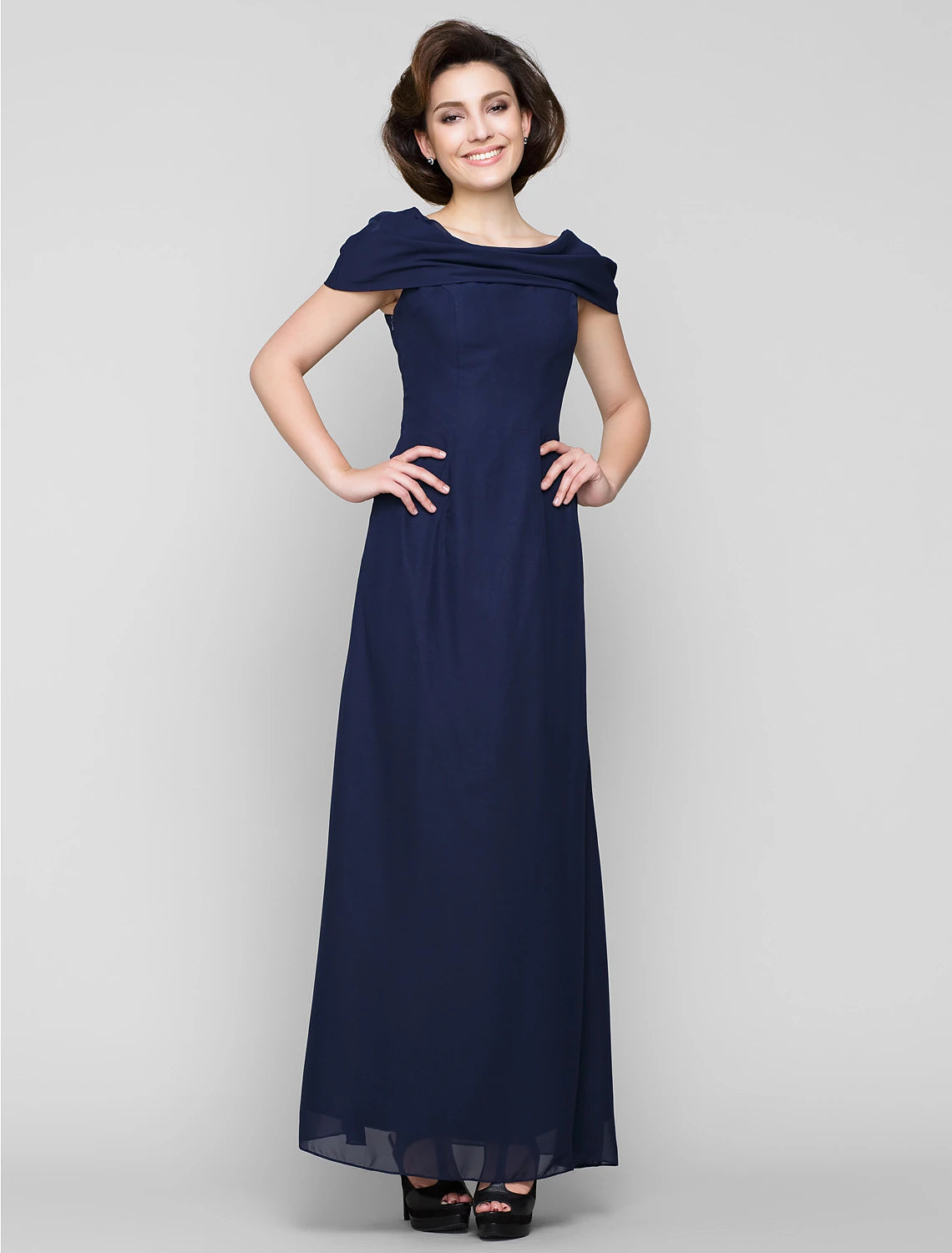 Elegant sheath Mother of the Bride dress with scoop neck, short sleeves, and beading.