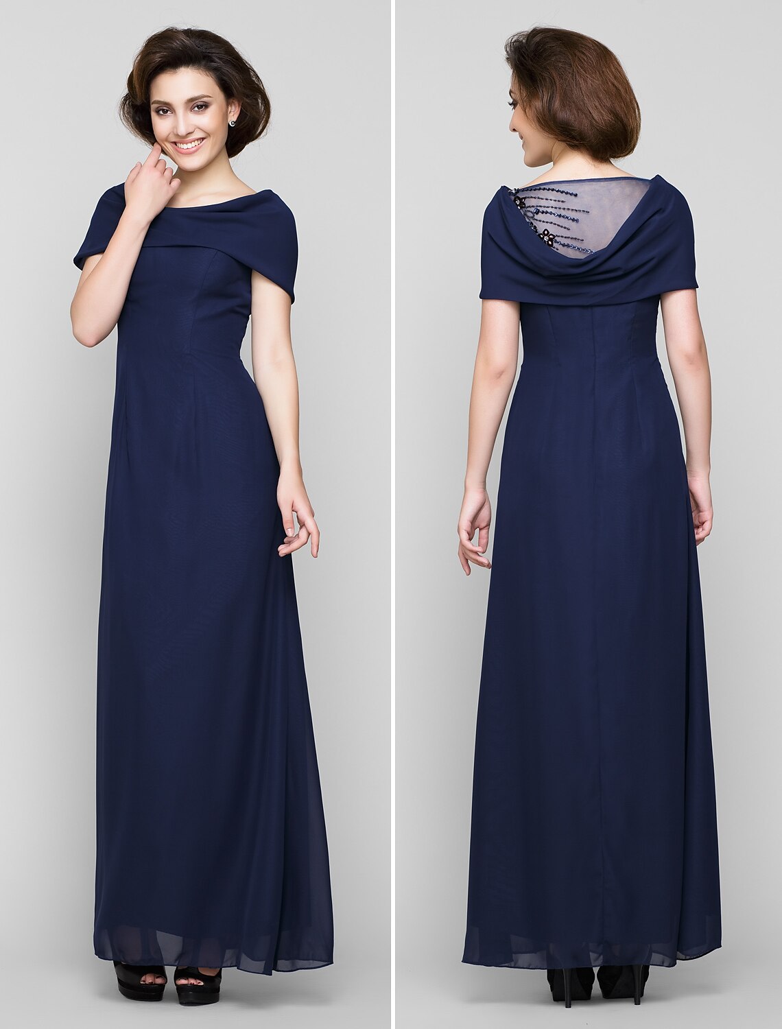 Back view of the elegant chiffon Mother of the Bride dress, showcasing its flowing silhouette.