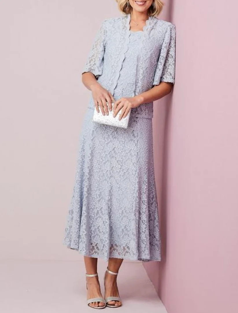 Elegant ankle-length sheath mother of the bride dress with a scalloped neckline and chiffon lace half sleeves.