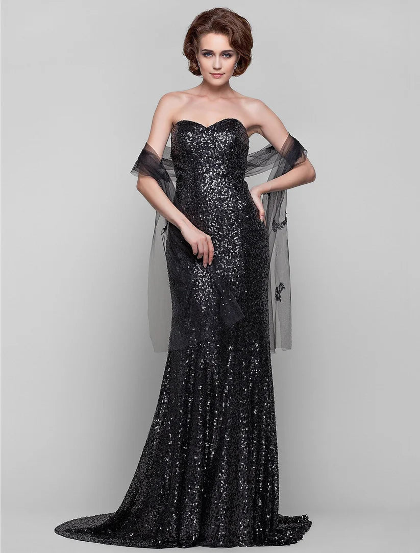 Elegant sequined sheath mother of the bride dress with sweetheart neckline.