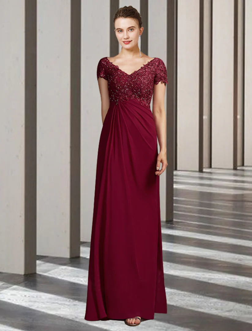 Elegant sheath Mother of the Bride dress with V-neck, short sleeves, chiffon lace, and appliques.
