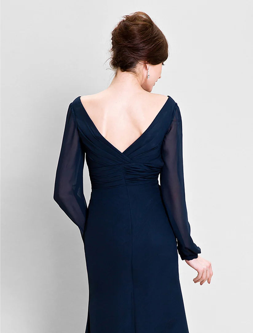 Back view of the Mother of the Bride dress, showcasing the open back design and flowing chiffon fabric.