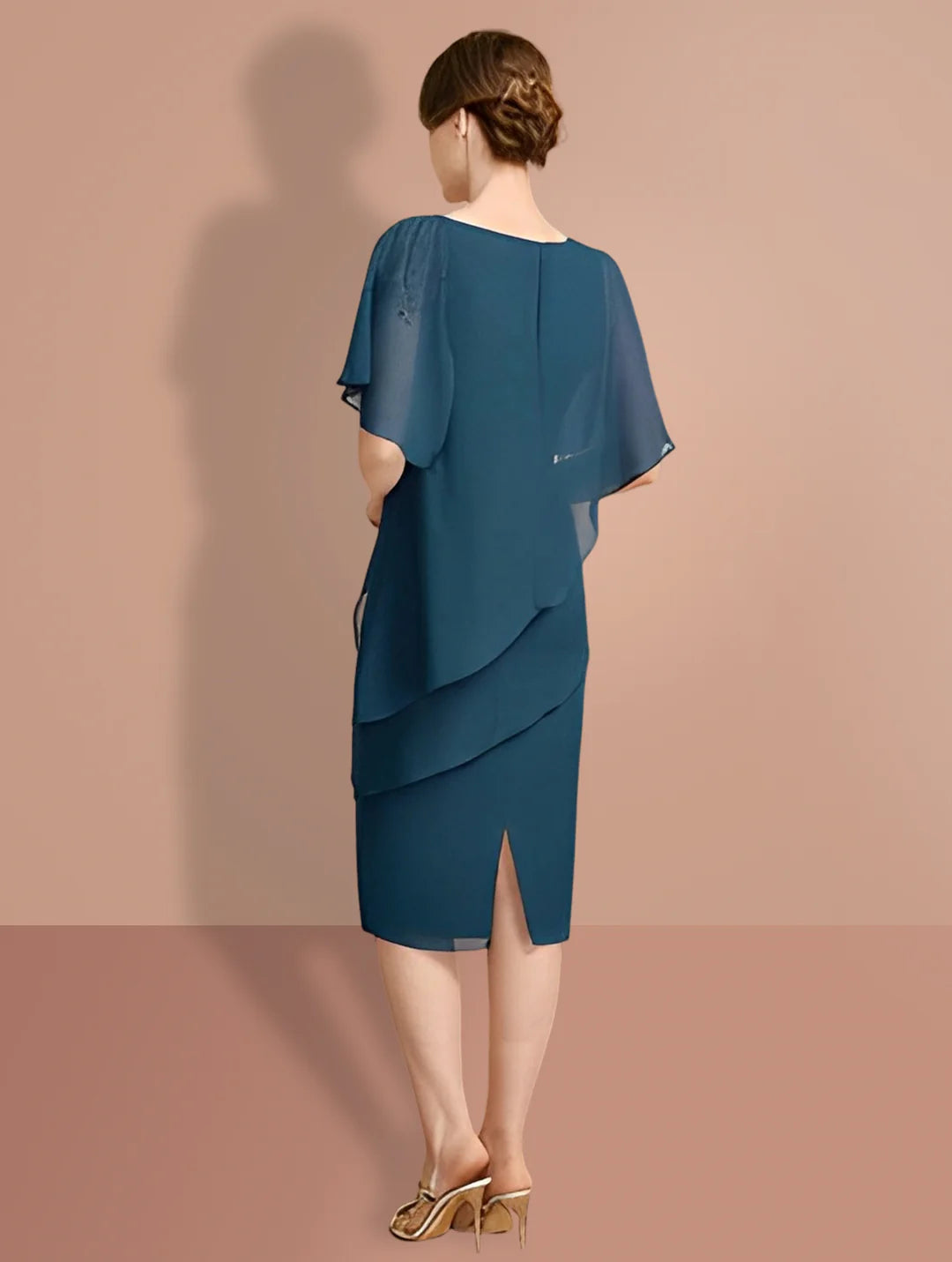 Sophisticated dark blue sheath gown with short sleeves, ideal for formal events.