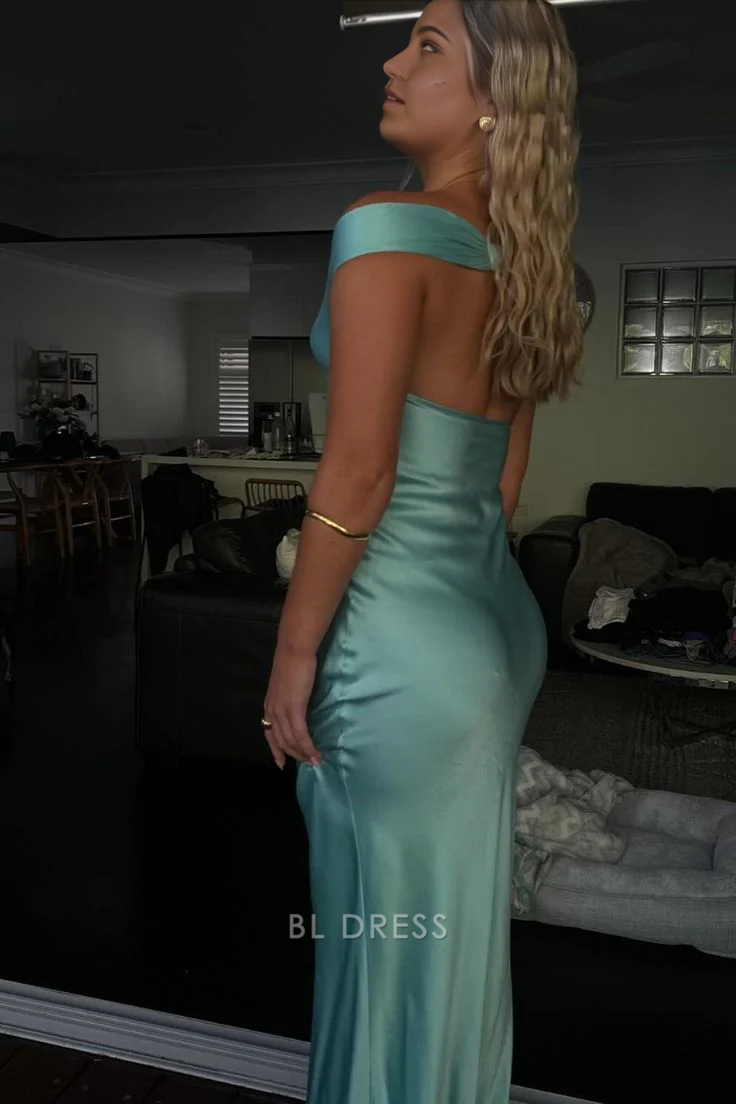 Model showcasing the long off-shoulder satin formal dress from the back.