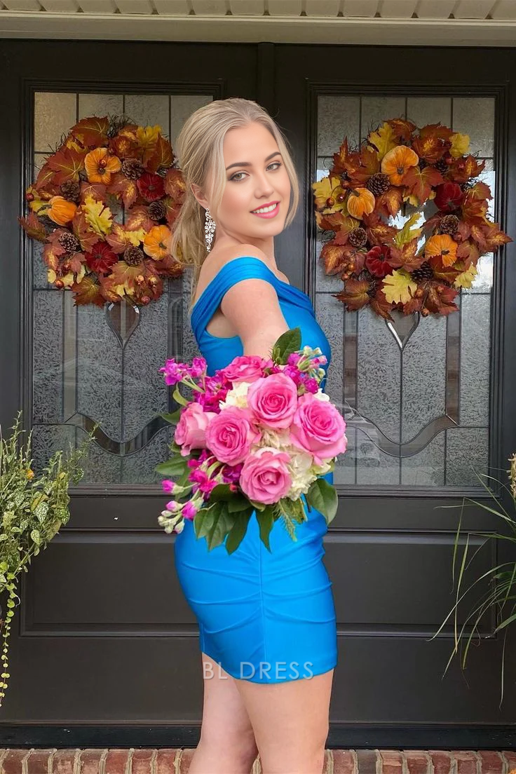 Back view of a blue off-shoulder sheath satin dress.