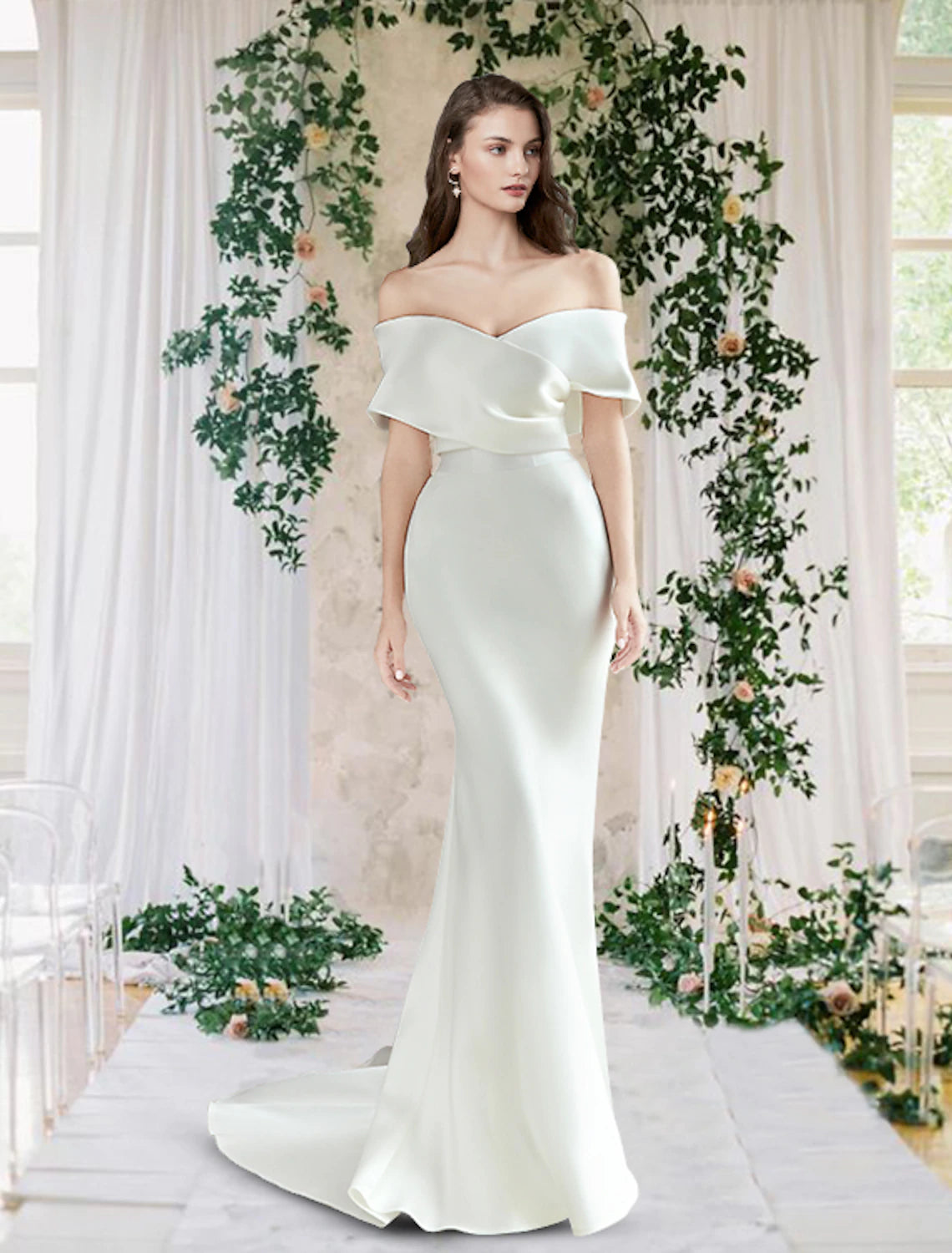 Elegant ivory sheath wedding dress with off-shoulder neckline and cap sleeves.