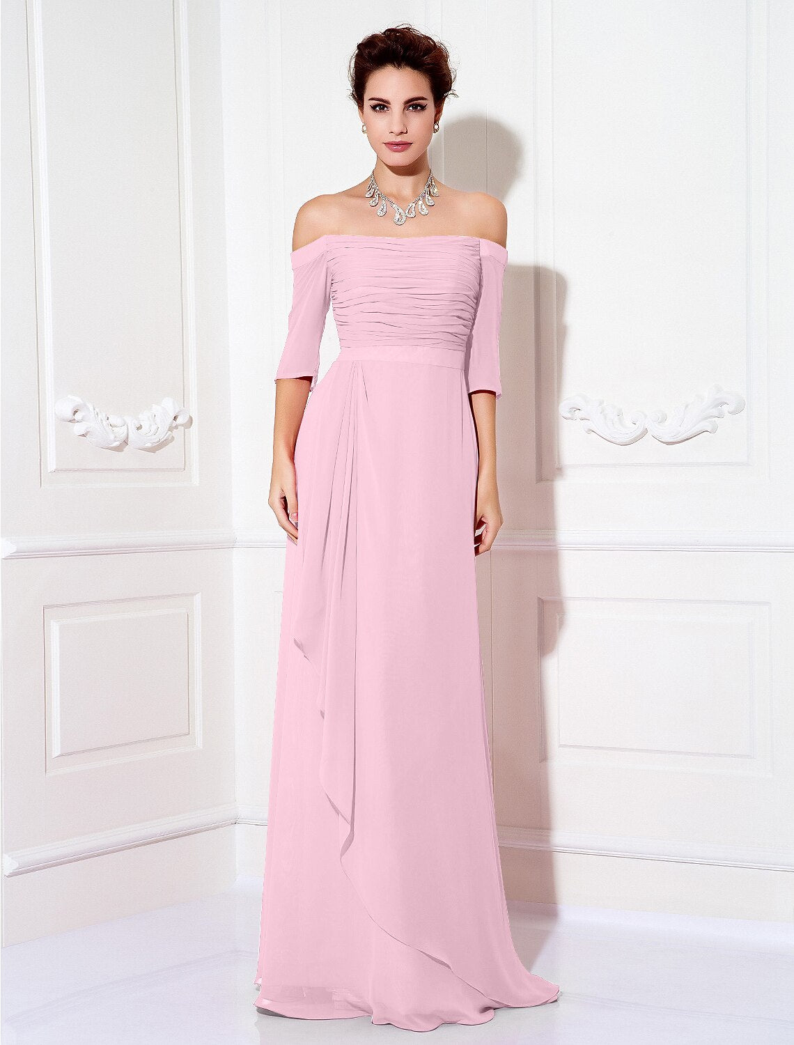 Side profile of the chiffon sheath dress, showing the half sleeves and off-shoulder neckline.