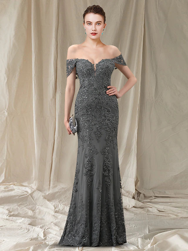 Elegant off-shoulder sheath Mother of the Bride dress with lace and sequins.