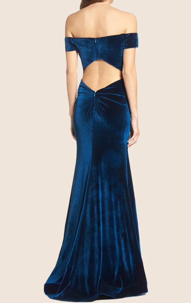 Back view of model in a sophisticated off-shoulder formal gown.