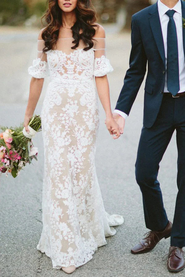 Elegant sheath off-the-shoulder lace long wedding dress.