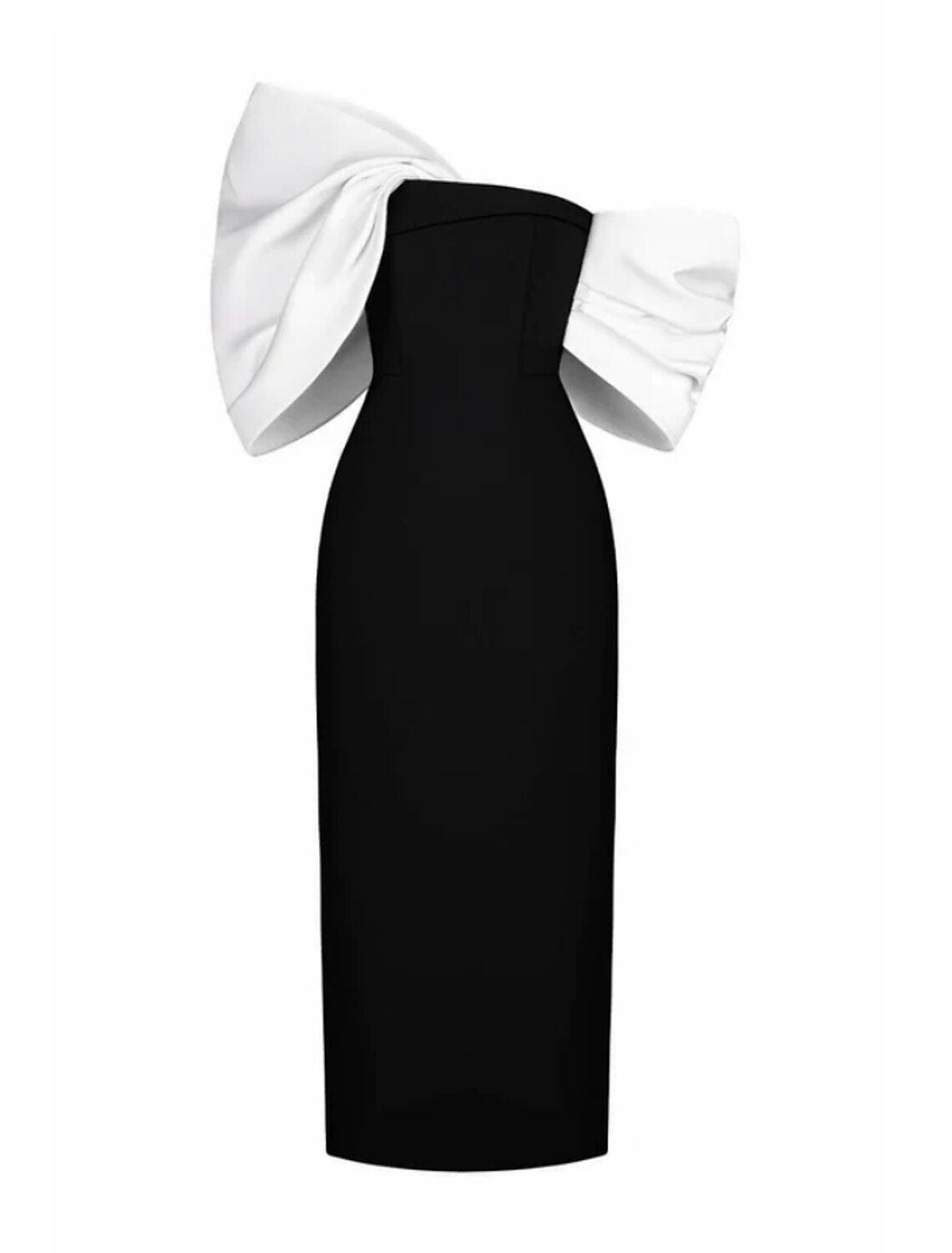 Elegant off-shoulder satin tea length evening gown with ruched details and bows.