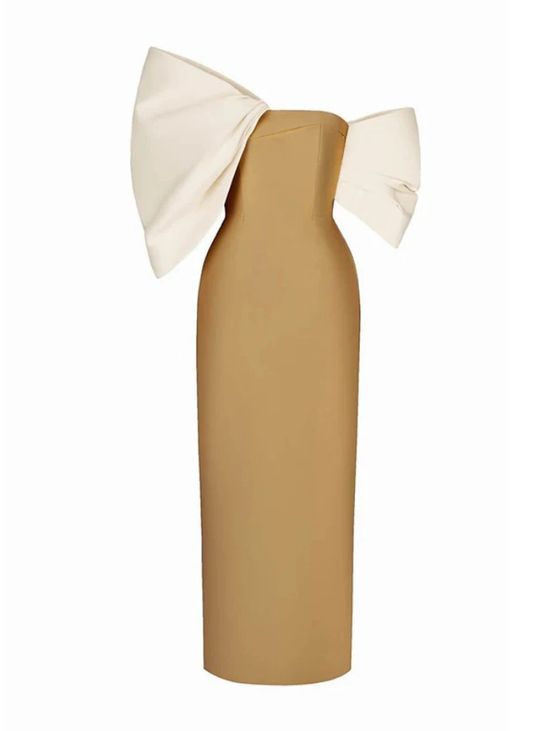Side view of the formal off-shoulder dress, showcasing the half sleeves and column silhouette.