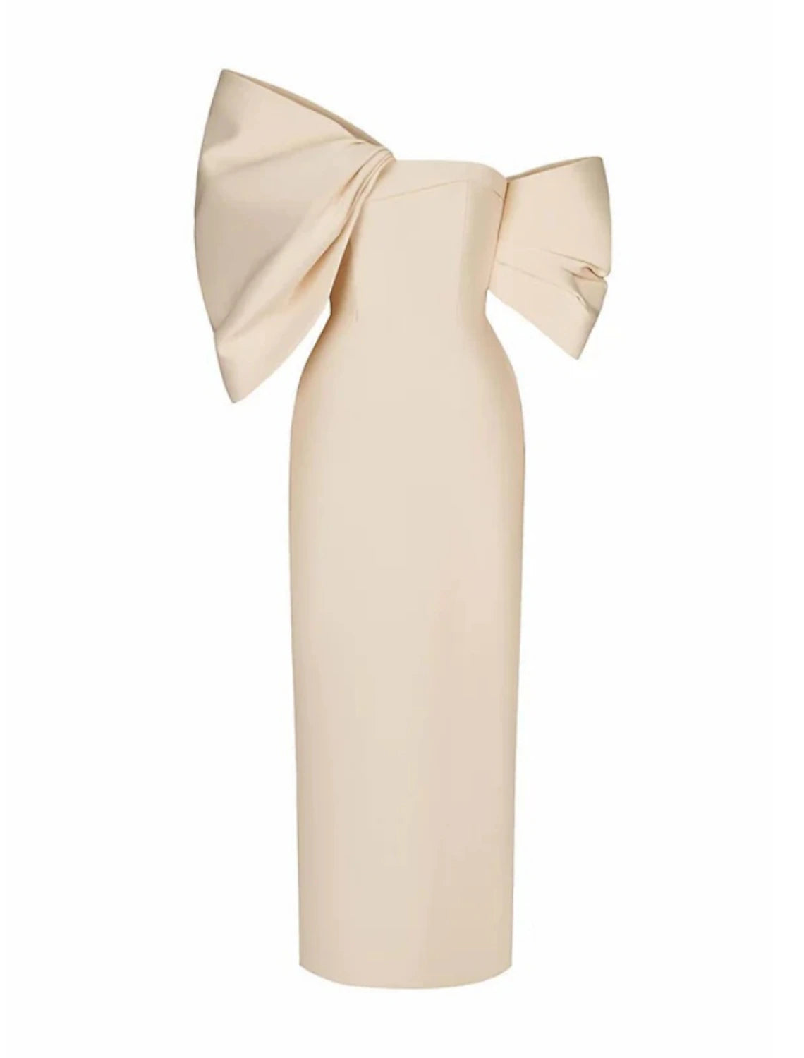 Close-up of the ruched bodice and bow detail on the satin evening gown.