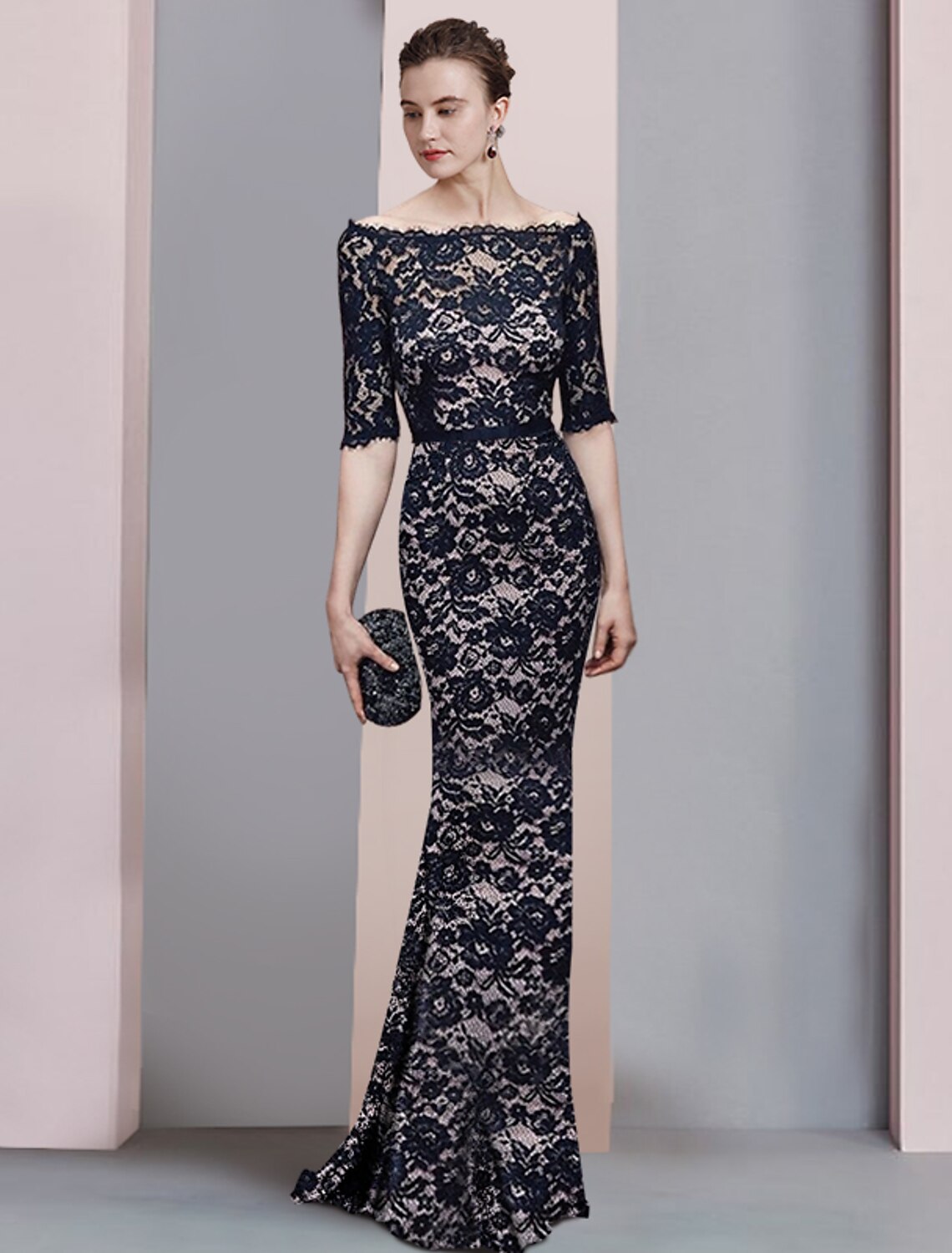 Elegant sheath off-shoulder lace gown with 3/4 sleeves and a sash.