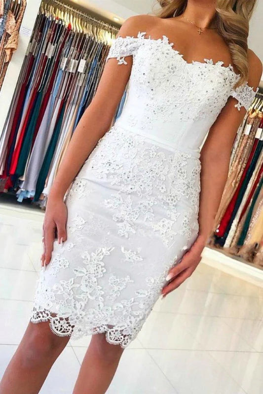 Woman wearing an elegant short off-shoulder lace prom dress.