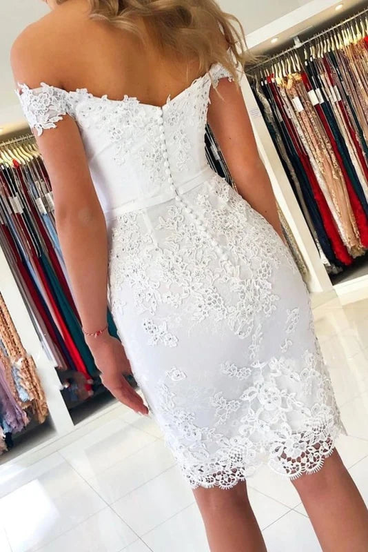Back view of the short off-shoulder lace cocktail dress.