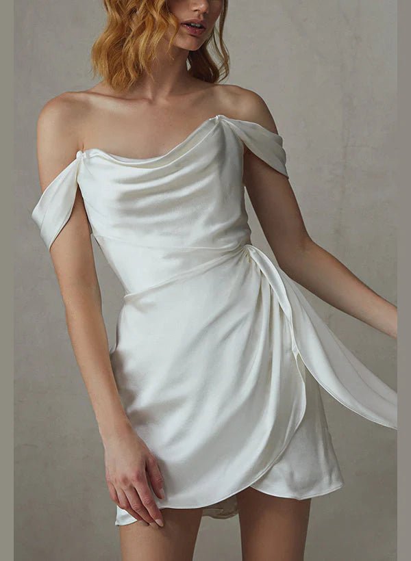 Elegant sheath off-shoulder mini wedding dress, front view.