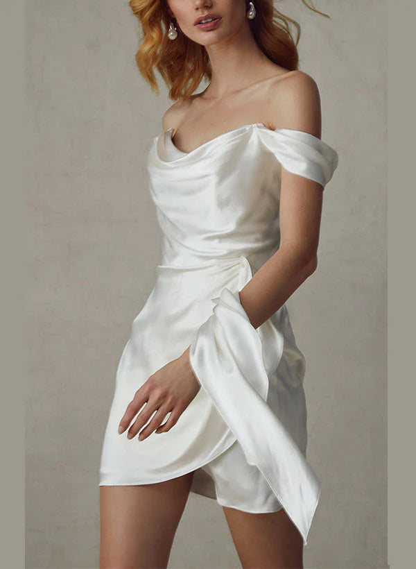 Back view of the off-shoulder mini wedding dress.