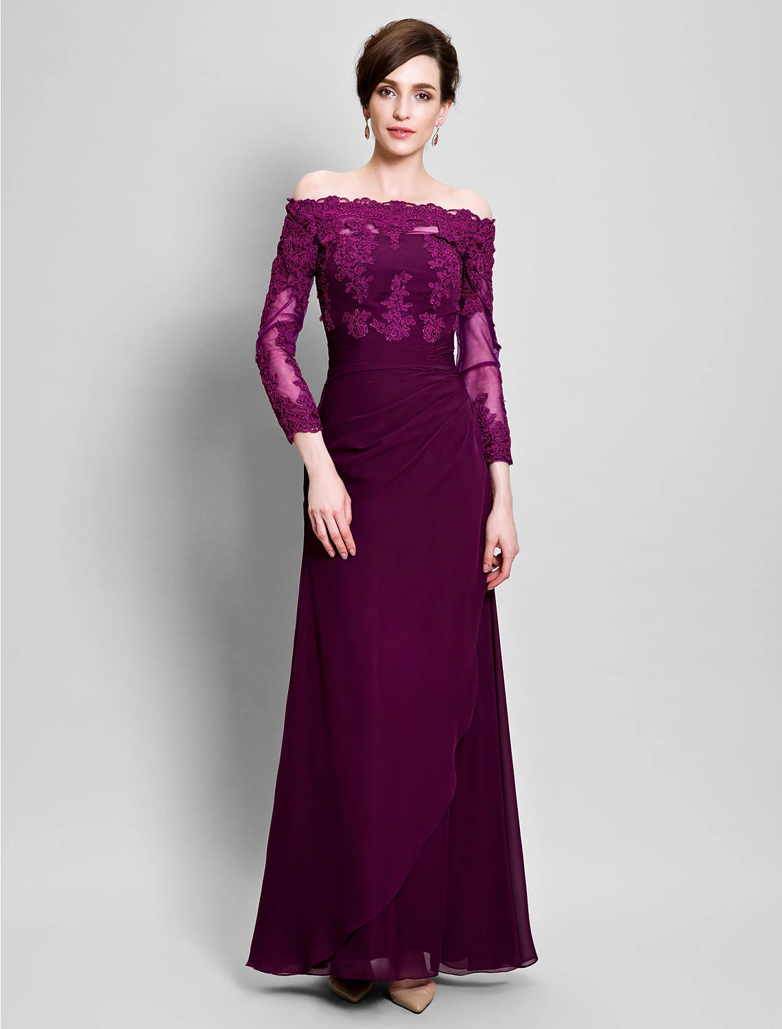 Elegant off-shoulder sheath mother of the bride dress with ruched appliques and side draping.