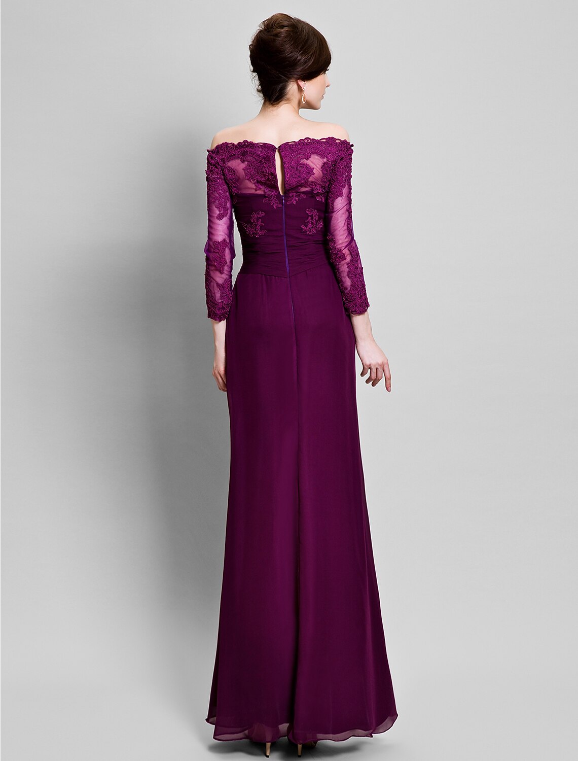 Back view of a floor-length off-shoulder mother of the bride dress.