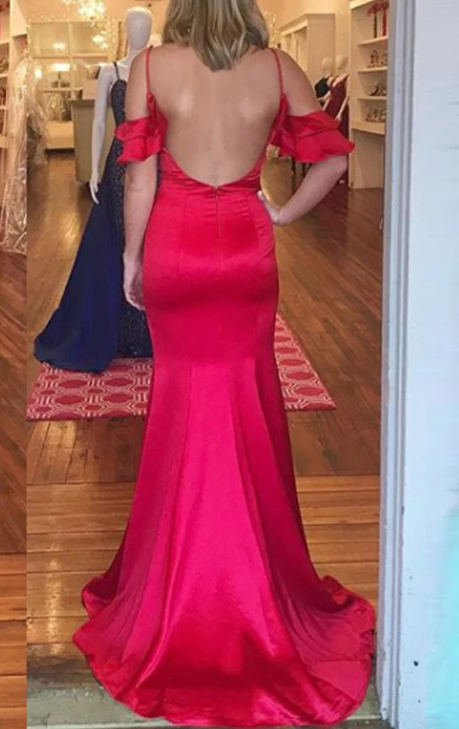 Full length view of the elegant satin off-shoulder sheath dress.