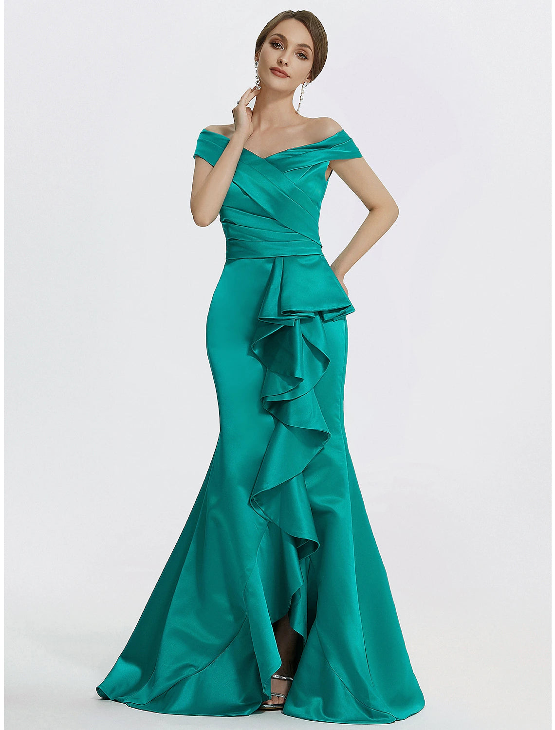 Elegant off-shoulder satin evening gown with ruffles.