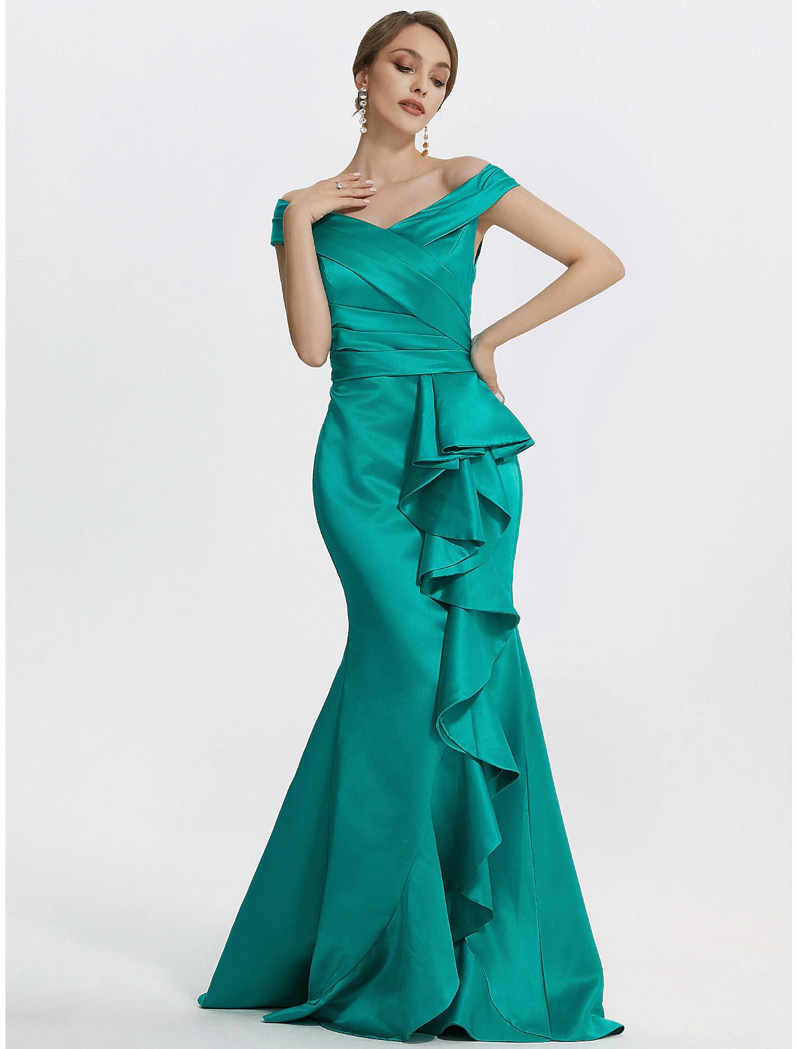 Elegant off-shoulder satin evening gown with ruffles.