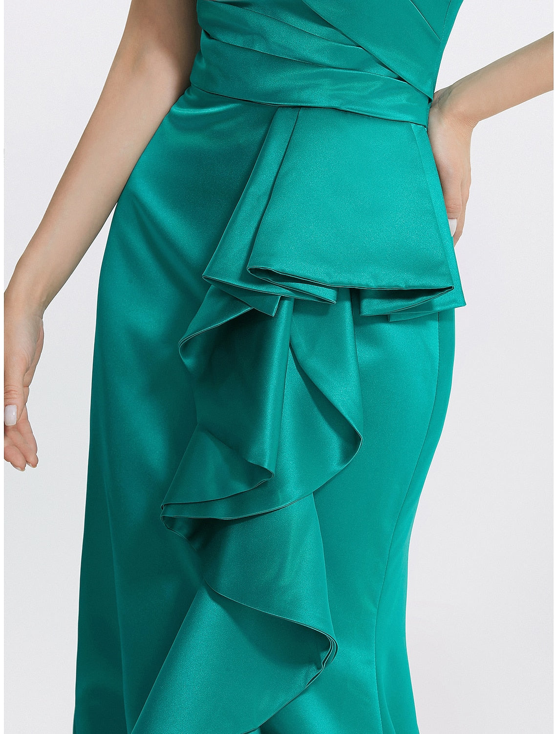 Elegant off-shoulder satin evening gown with ruffles.