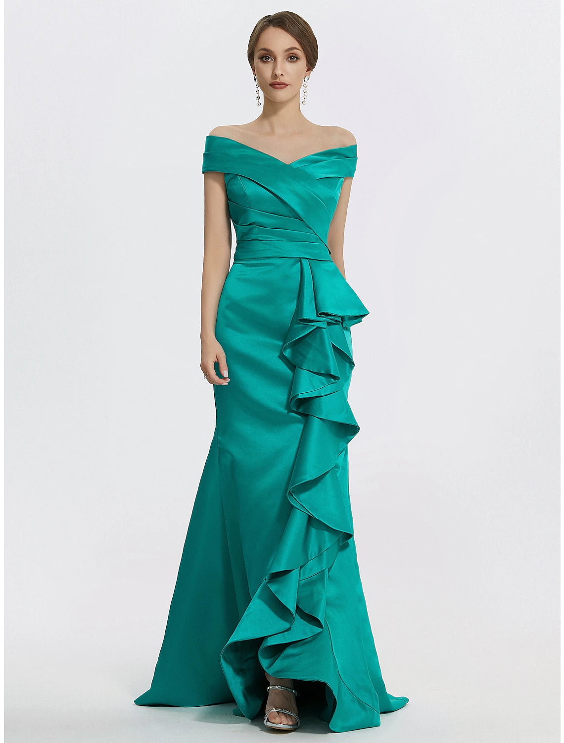 Elegant off-shoulder satin evening gown with ruffles.