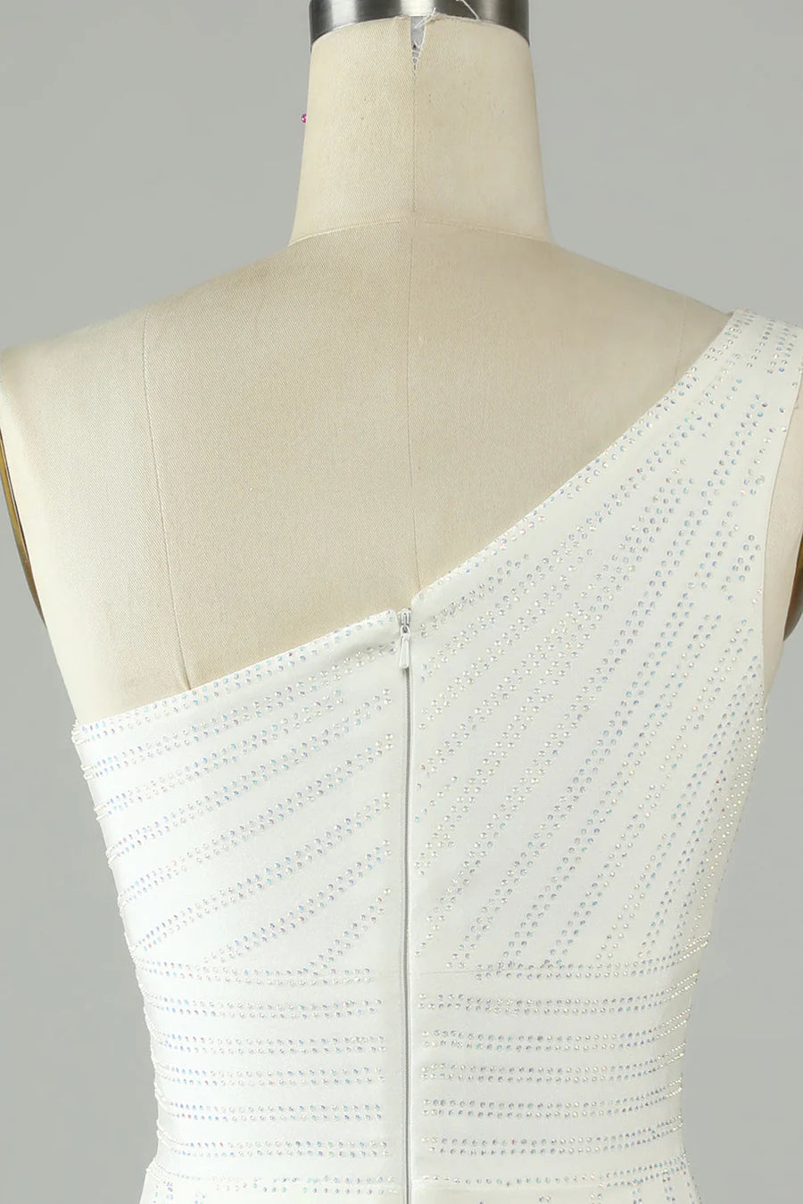 Full view of the elegant one-shoulder beaded dress for homecoming.