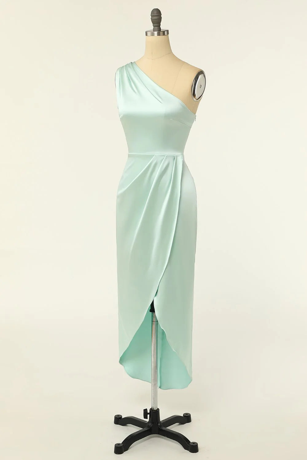 Back view of a woman in a sophisticated sheath bridesmaid gown.