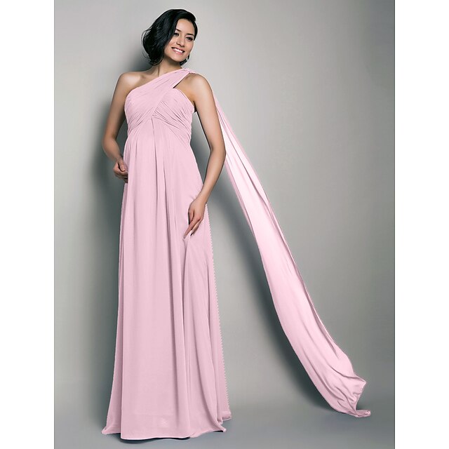 Maternity-friendly one-shoulder formal dress.