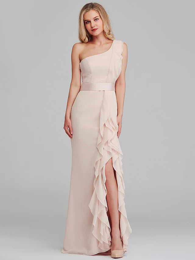 Elegant one-shoulder chiffon bridesmaid dress with cascading ruffles.