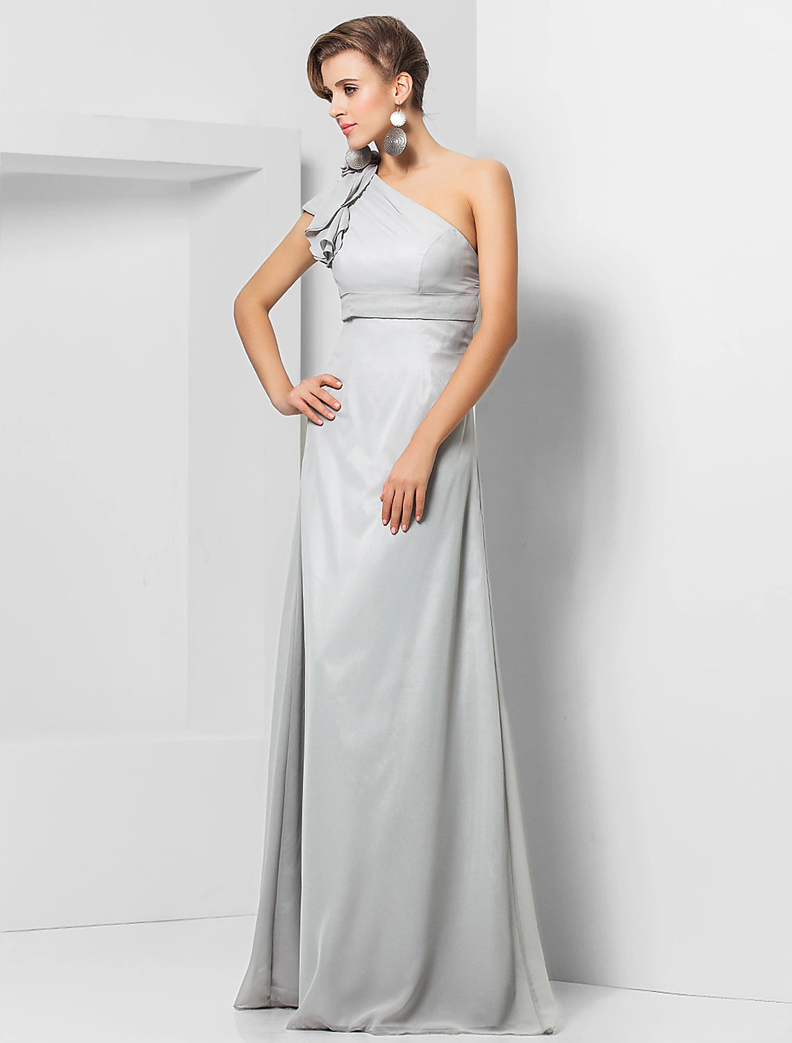 Back view of a formal one-shoulder floor-length dress.