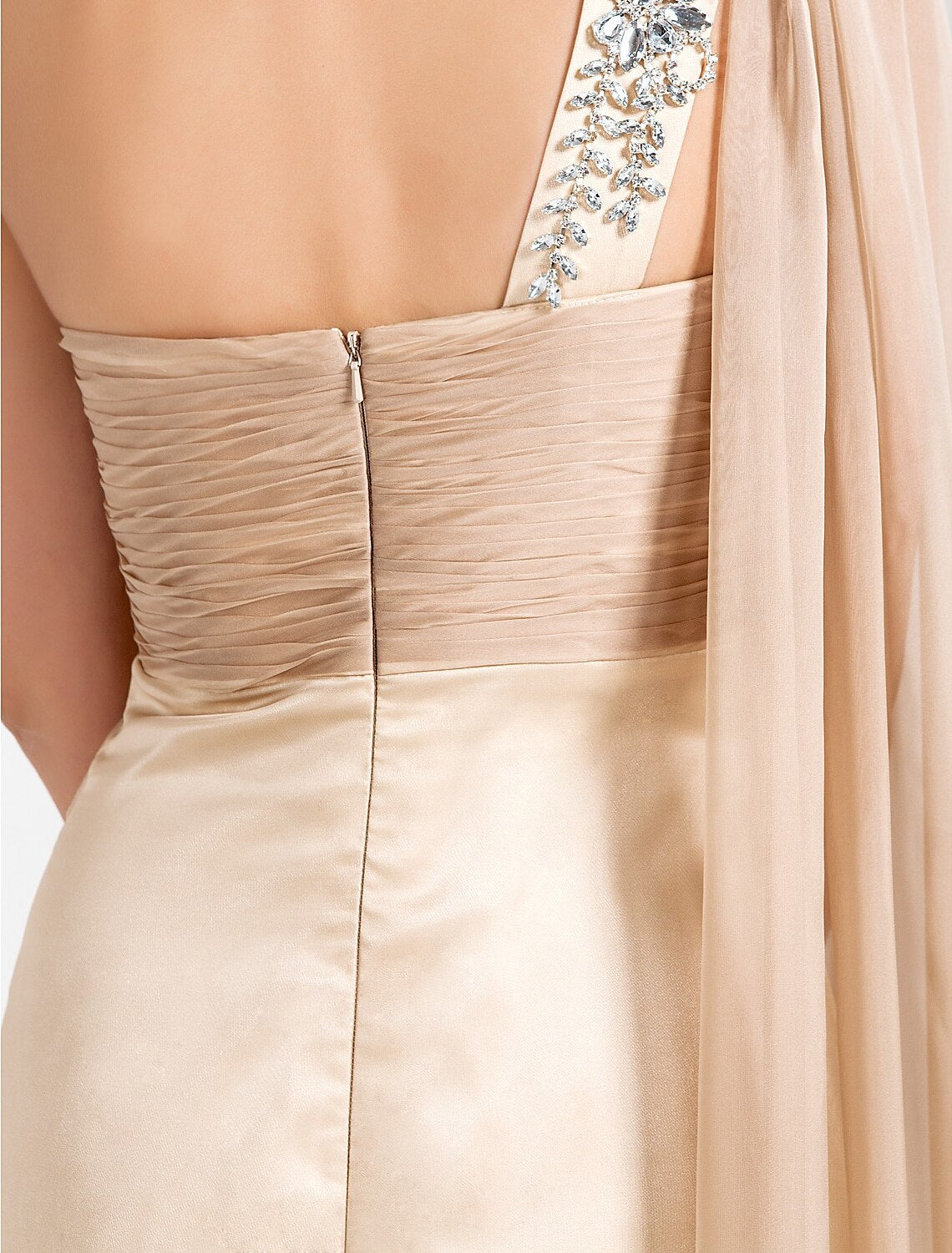 Full length view of the black chiffon formal dress.