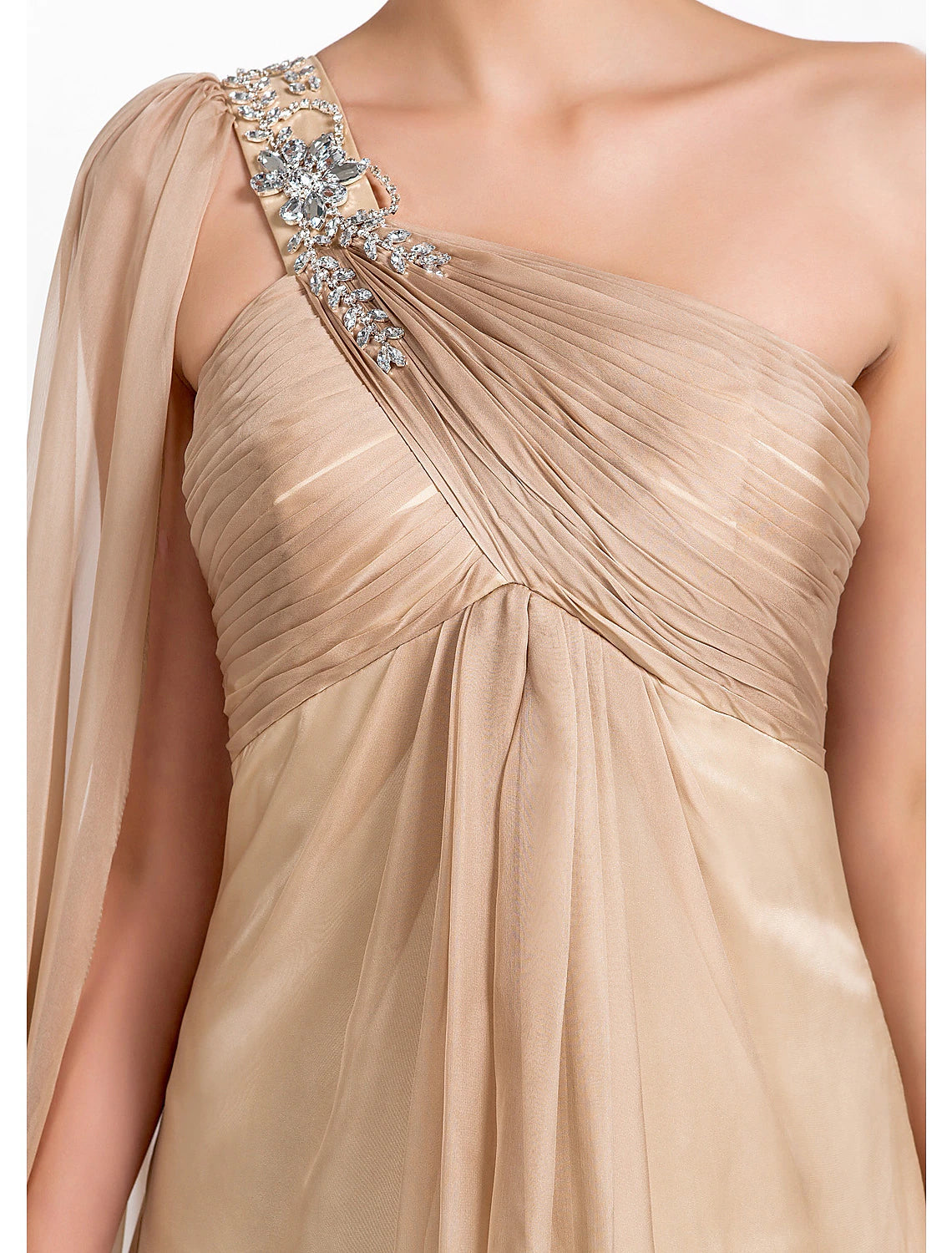 Elegant black gown with a one-shoulder design and floor-length skirt.