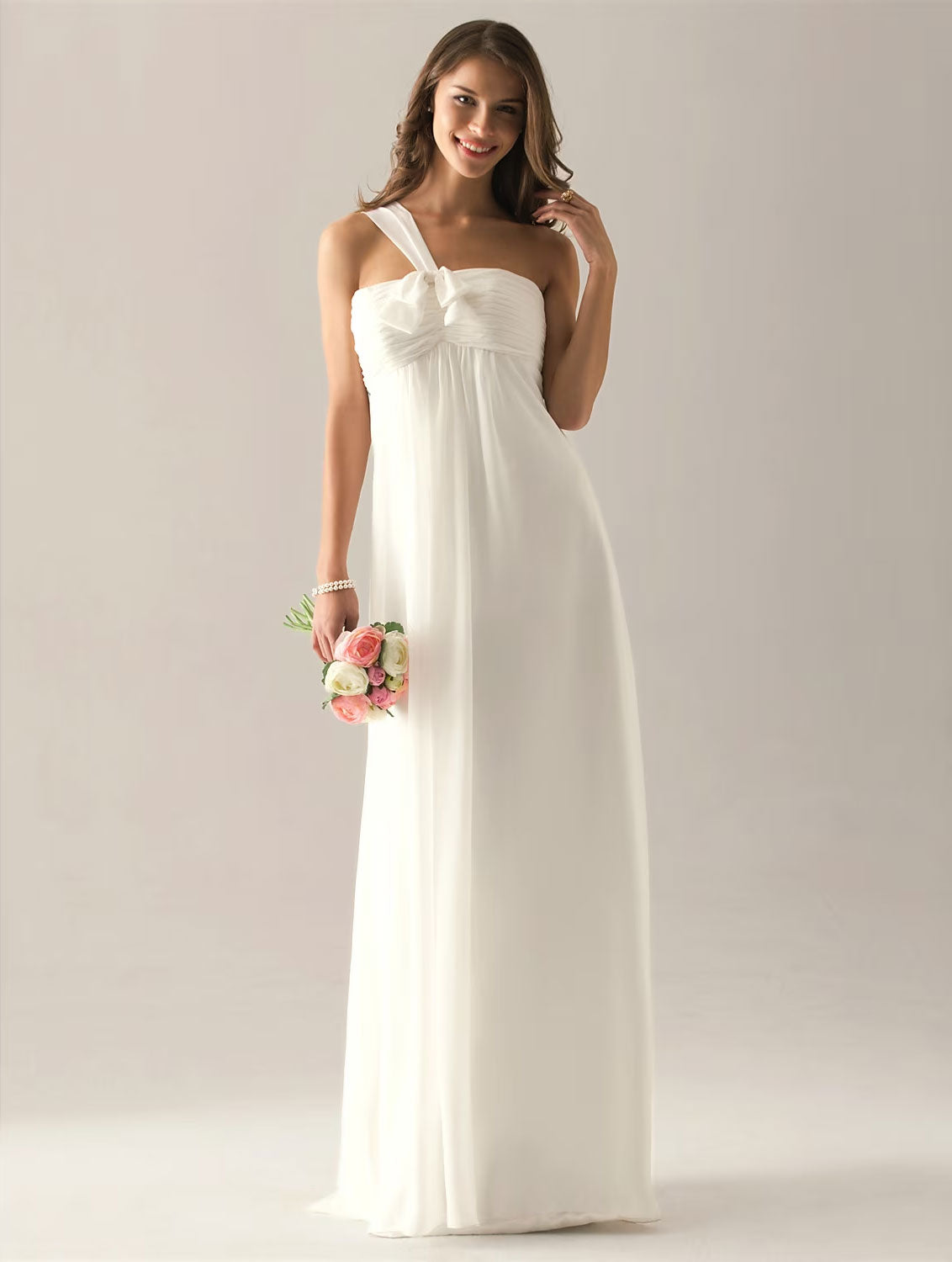 Elegant one-shoulder chiffon bridesmaid dress on a model.