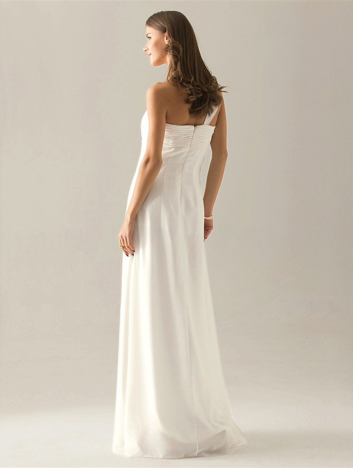 Back view of the floor-length sheath bridesmaid dress.