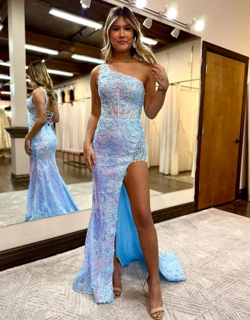 Elegant sheath one-shoulder prom dress with corset back and thigh-high split.