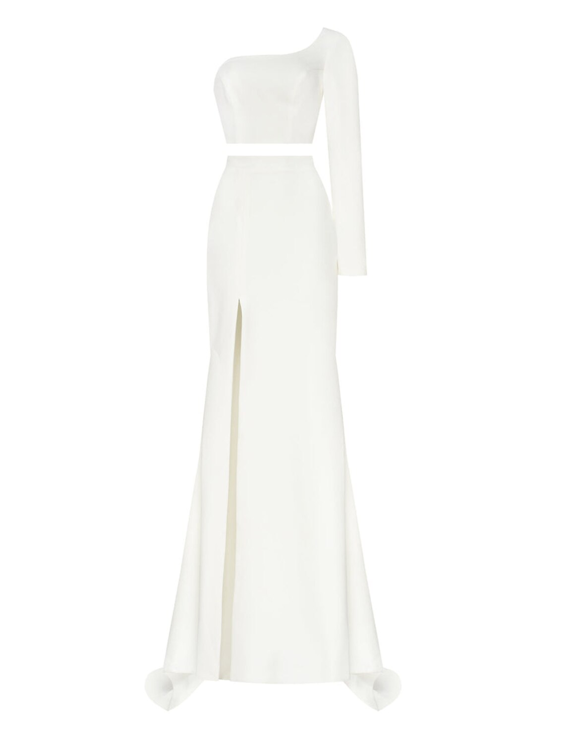 Elegant one-shoulder long sleeve satin prom dress with a high slit.