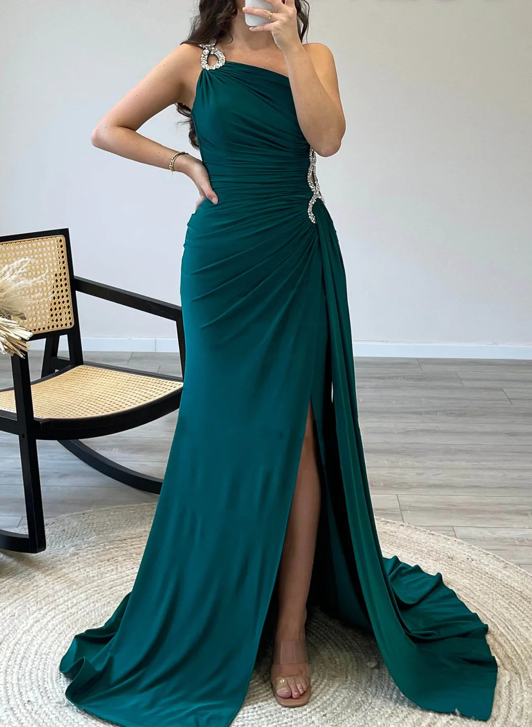 Elegant Sheath One Shoulder Mother of the Bride Dress, front view.