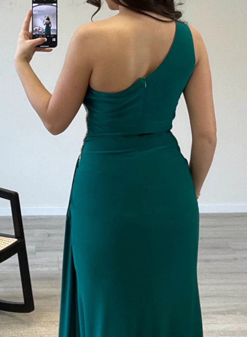 Sheath One Shoulder Mother of the Bride Dress, side profile.