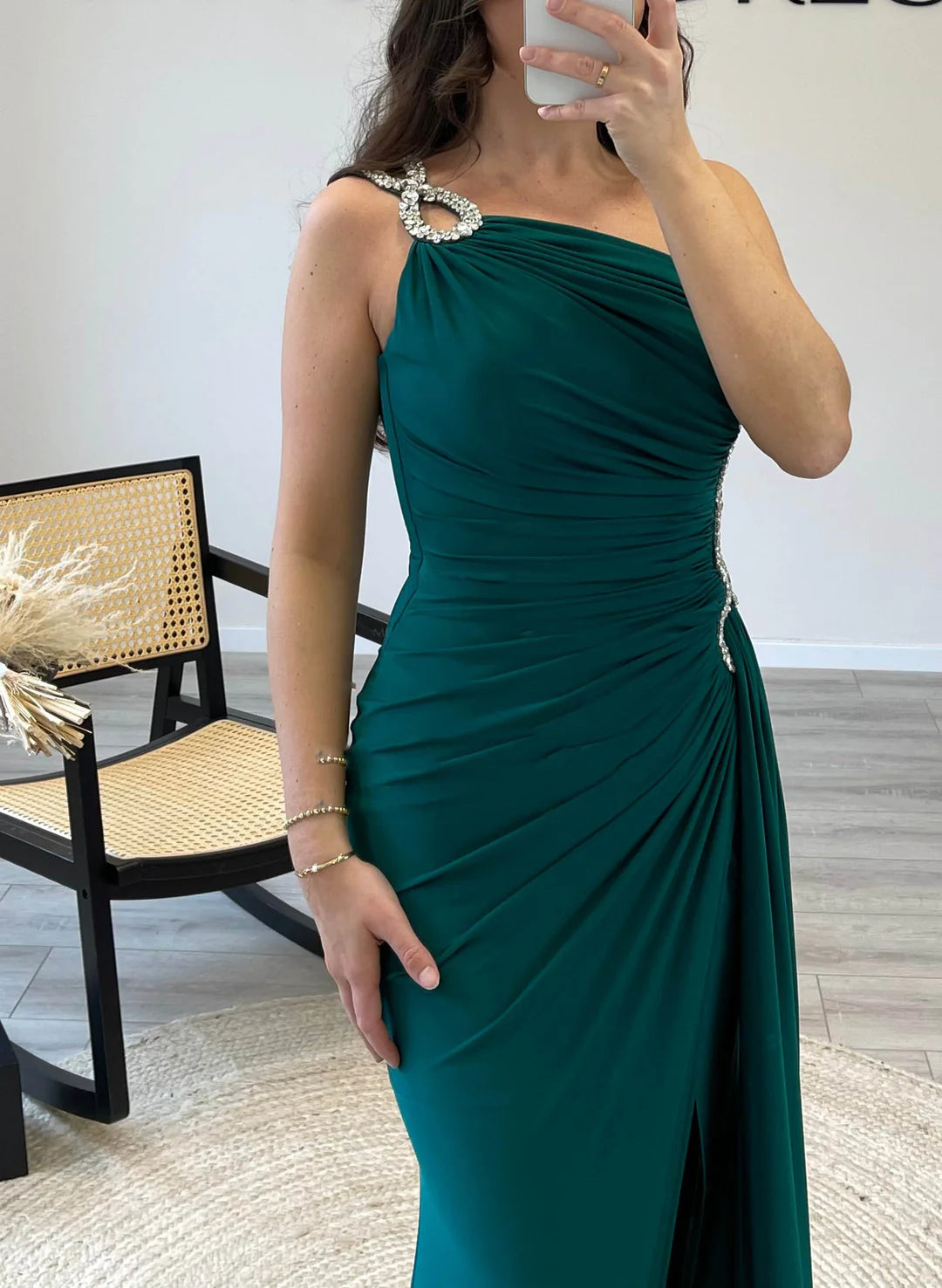 Sheath One Shoulder Mother of the Bride Dress, detail of neckline.