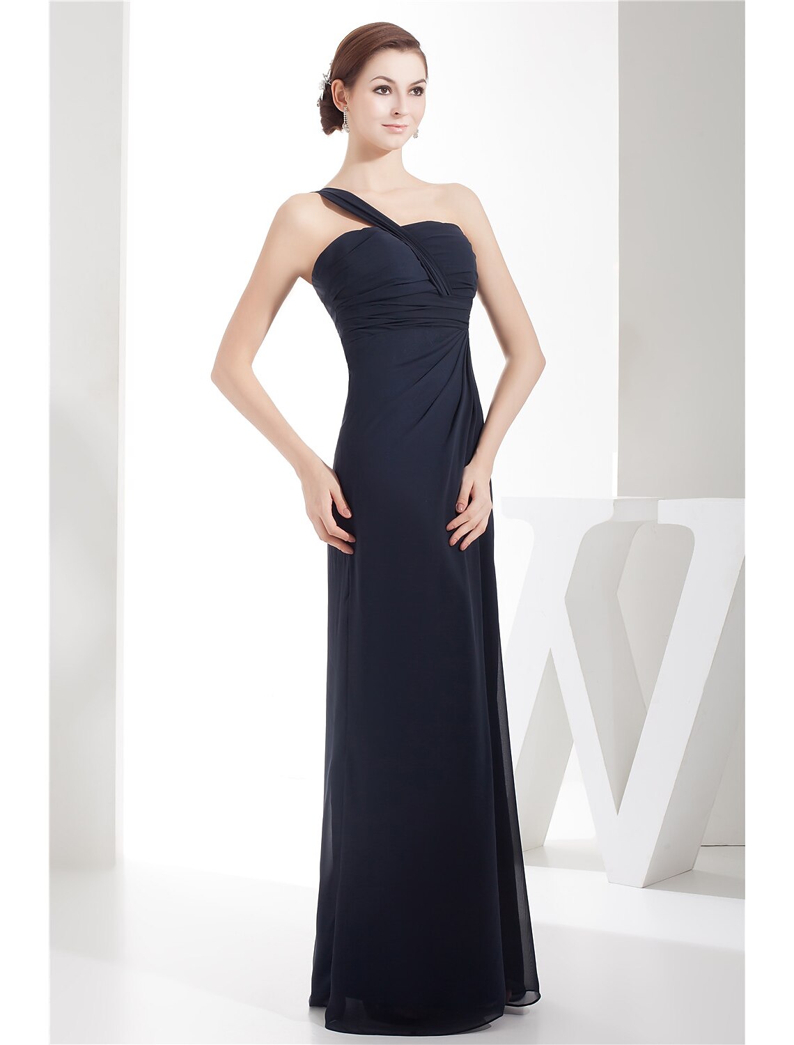 Side view of the floor-length one-shoulder chiffon dress.
