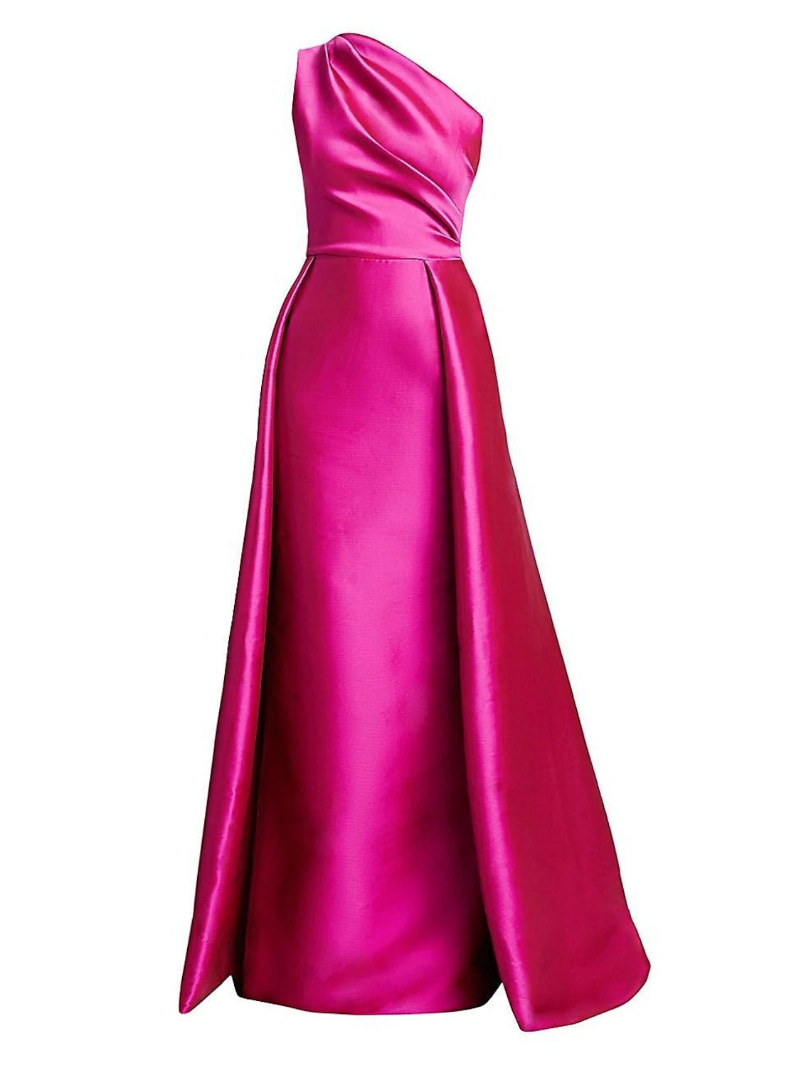 Elegant one-shoulder satin evening gown with overskirt.